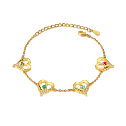Personalisierte 4 Namen Herz Armband mit 4 Geburtssteinen