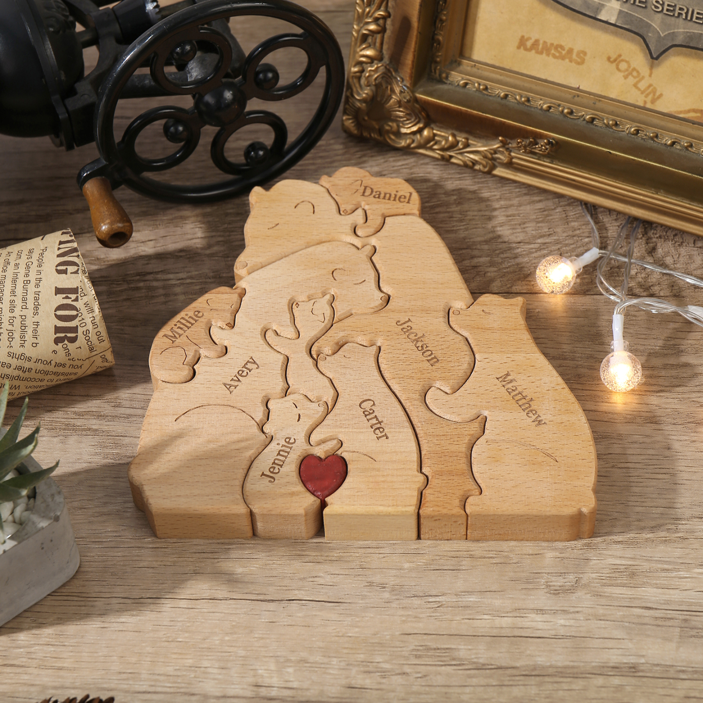 Holzskulptur-Personalisierte 8 Namen Bär Umarmung Familie Holz Deko