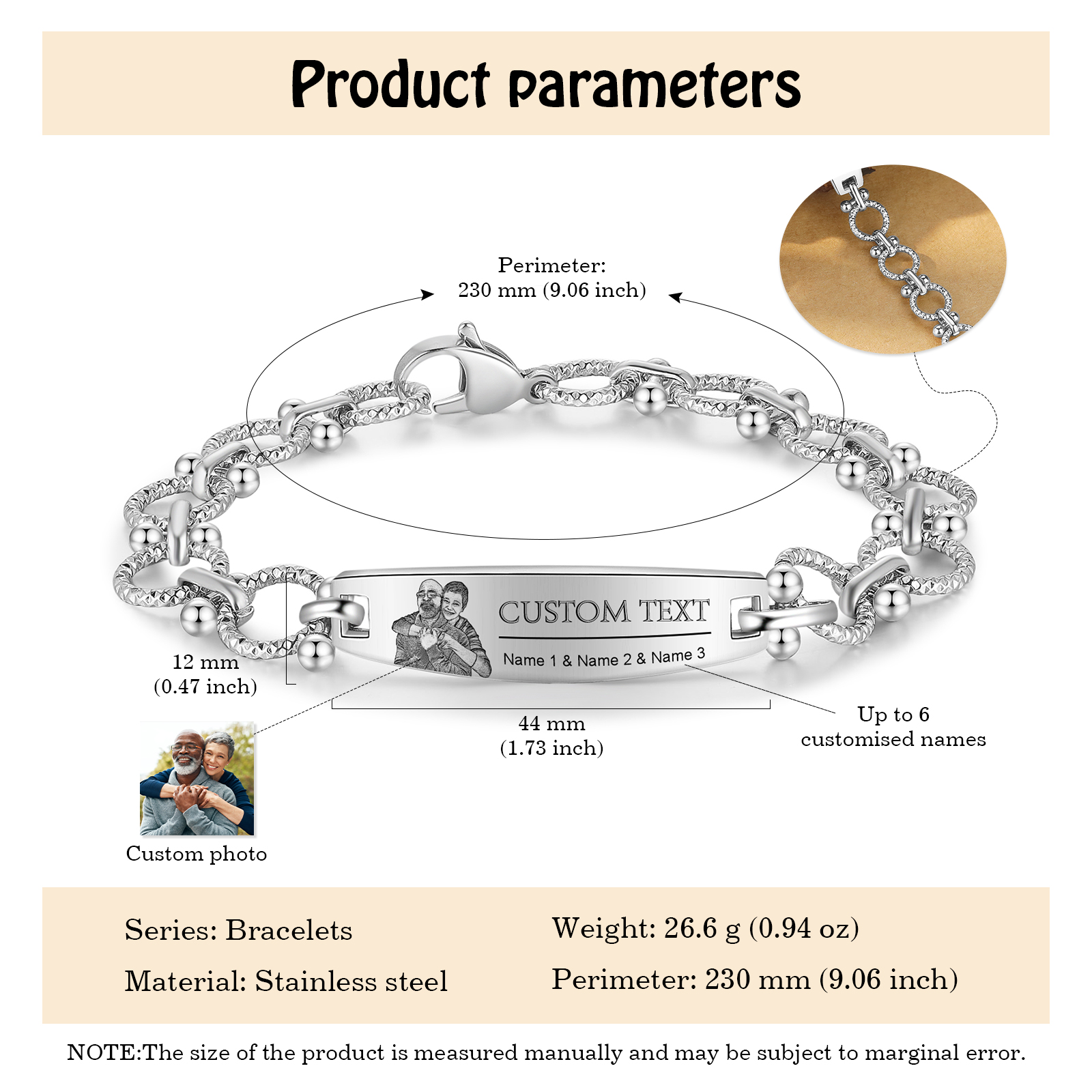 Herren Armband-Personalisiertes 3 Namen & Text & Foto Edelstahl Armband 