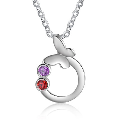 Personalisierte 2 Geburtssteine Schmetterling Kreis Halskette 