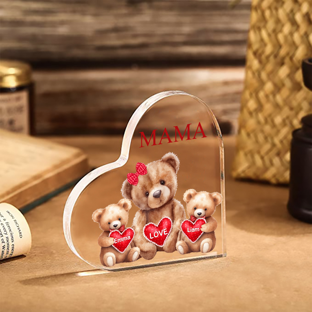 Personalisierte 2 Namen & Text Teddybär Familie Acryl-Deko Schreibtischdekoration für Mutter