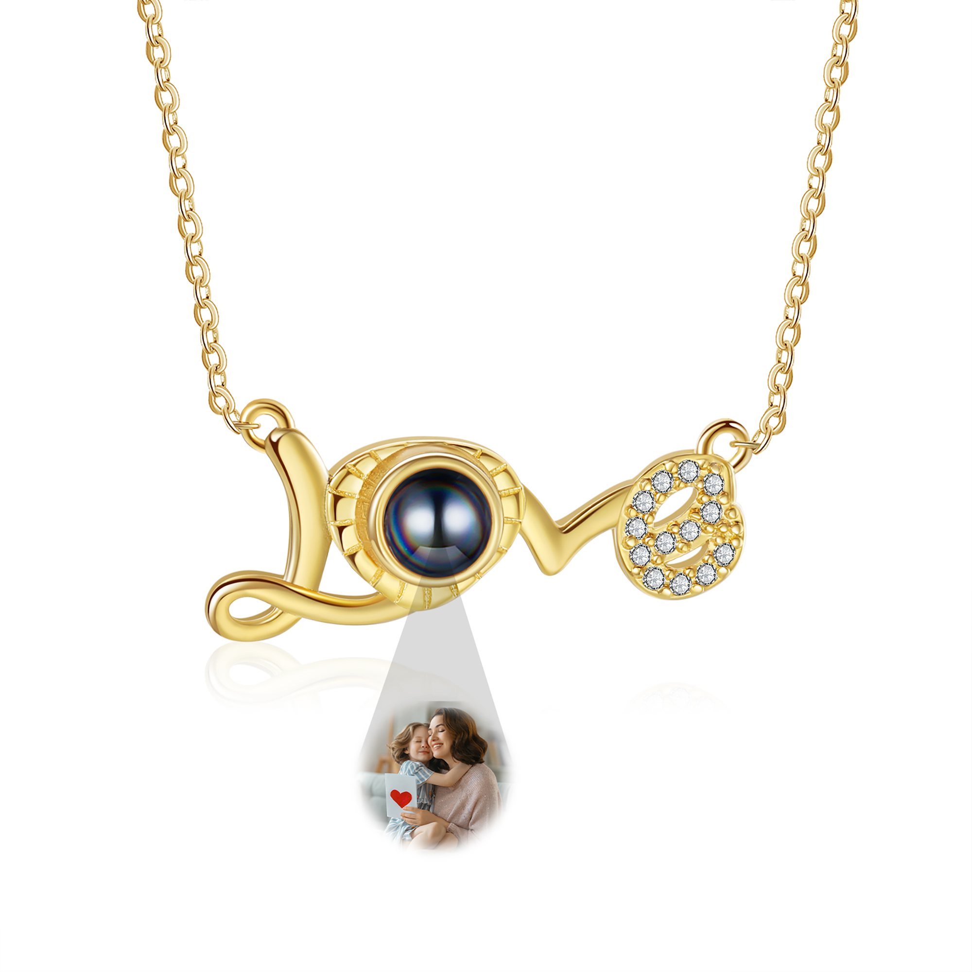 Personalisiertes Foto "LOVE" Projektion Golden Halskette mit Zirkonia