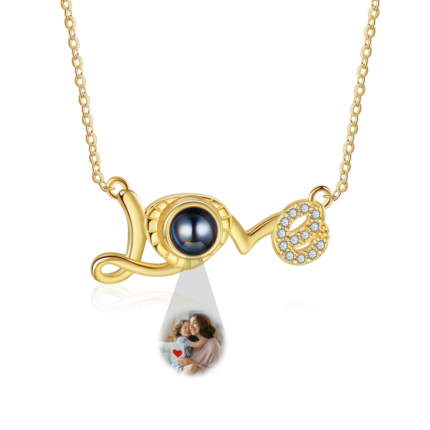 Personalisiertes Foto "LOVE" Projektion Golden Halskette mit Zirkonia