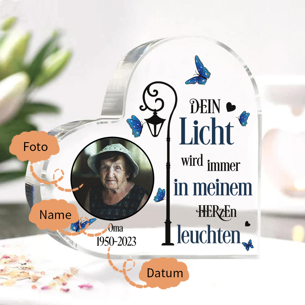 Personalisierter Name & Jahr & Foto Acryl-Deko-Dein Licht wird immer in meinem Herzen leuchten-Trauer Schreibtischdekoration