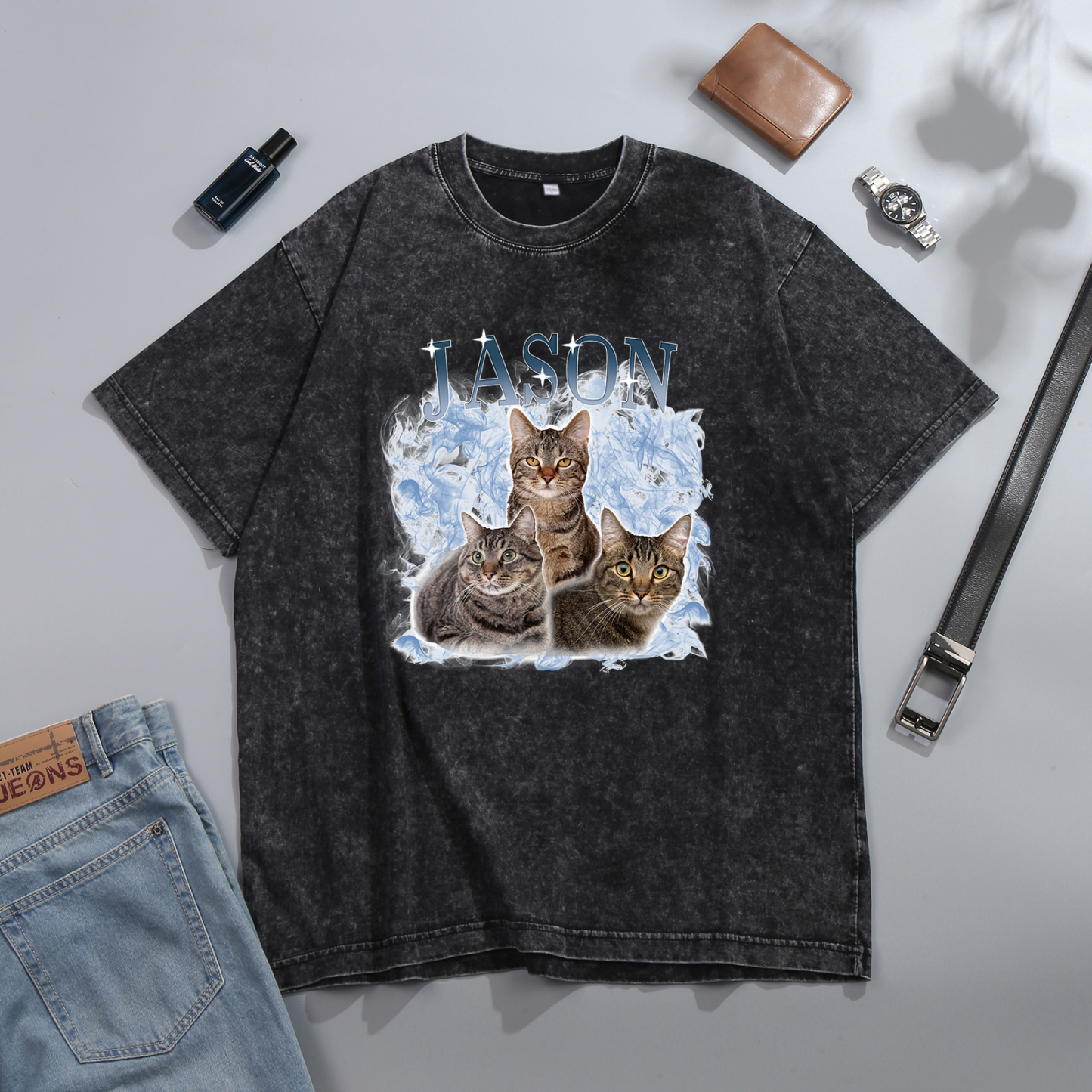 Personalisierte 3 Namen & 3 Fotos Haustier Herren Kurzarm T-Shirt