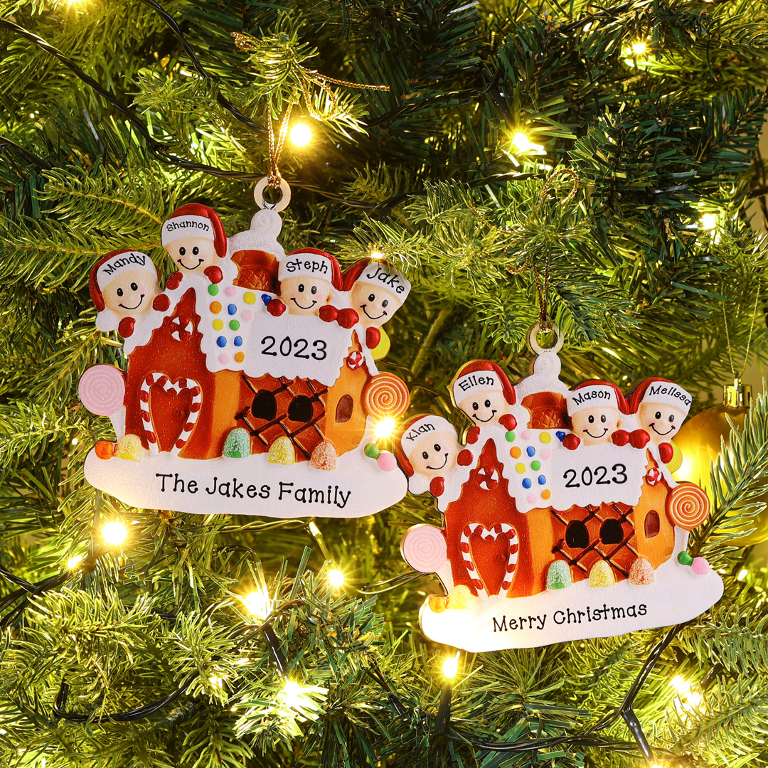 Holz Personalisiertes 2 Namen & Text & Jahr Weihnachtsornament Süßwarenhaus Anhänger mit 2 Kinder