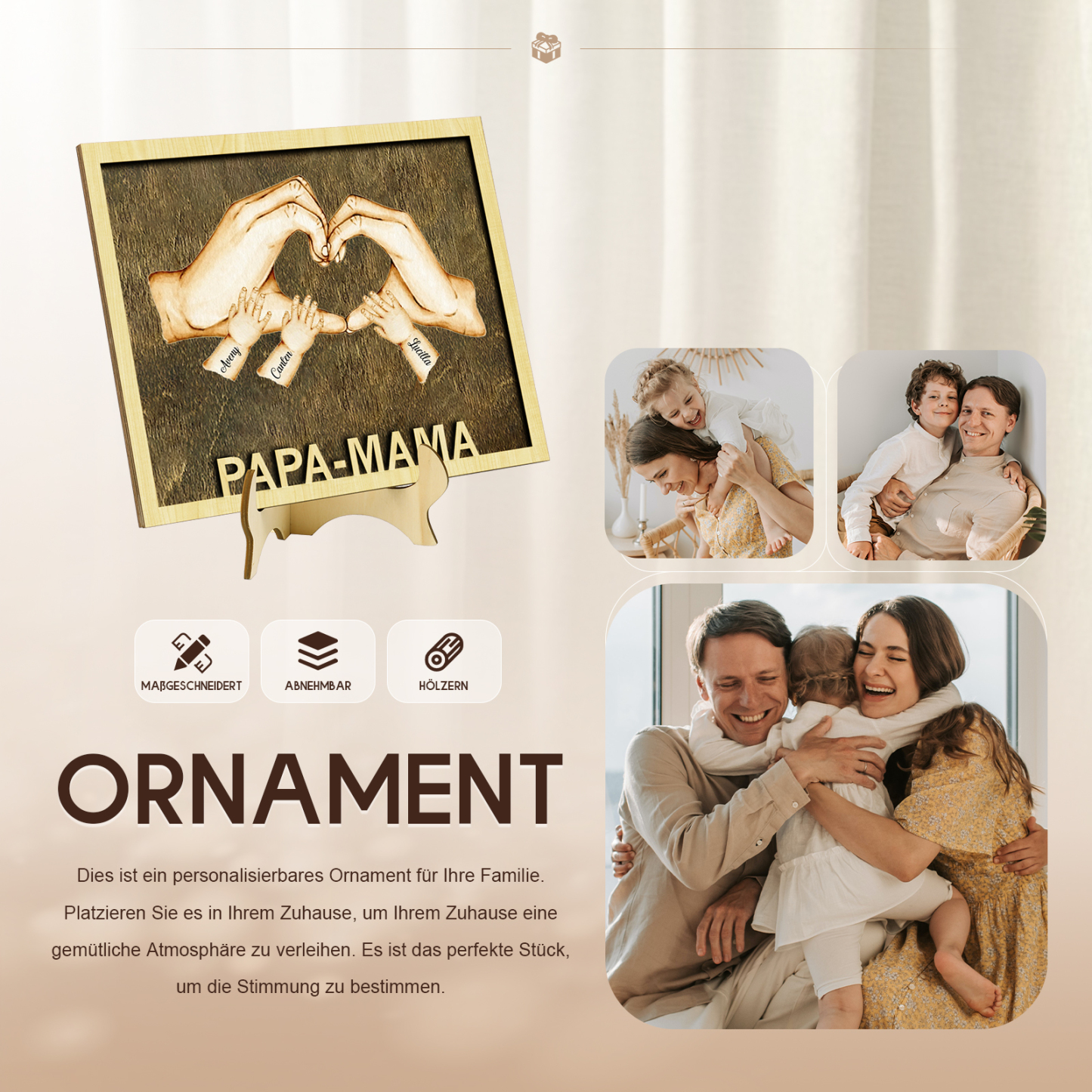 PAPA-MAMA Holz Deko-Personalisierbare 3 Namen Ornament Familie Hand in Hand Holzdekoration für Eltern