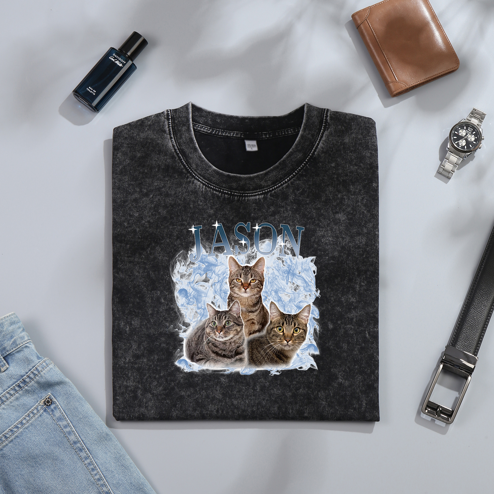 Personalisierte 3 Namen & 3 Fotos Haustier Herren Kurzarm T-Shirt