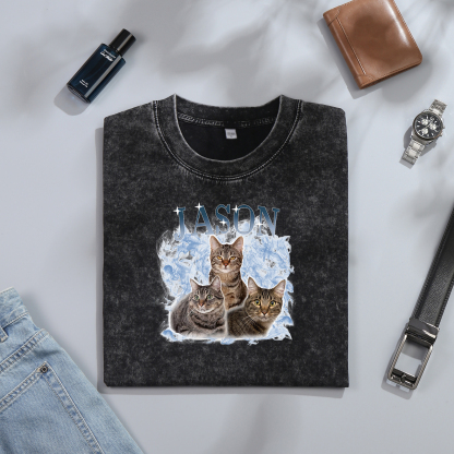 Personalisierte 3 Namen & 3 Fotos Haustier Herren Kurzarm T-Shirt