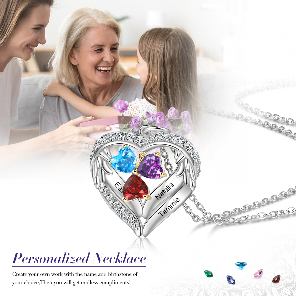 S925 Silber Gravur 3 Namen Herz Engel Flügel Halskette mit 3 Geburtssteinen