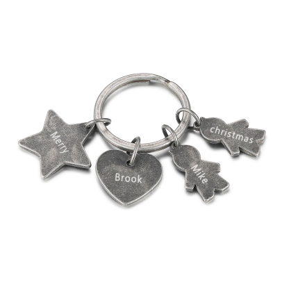 Personalisierbare 4 Namen Stern & Herz Vintage Schlüsselanhänger