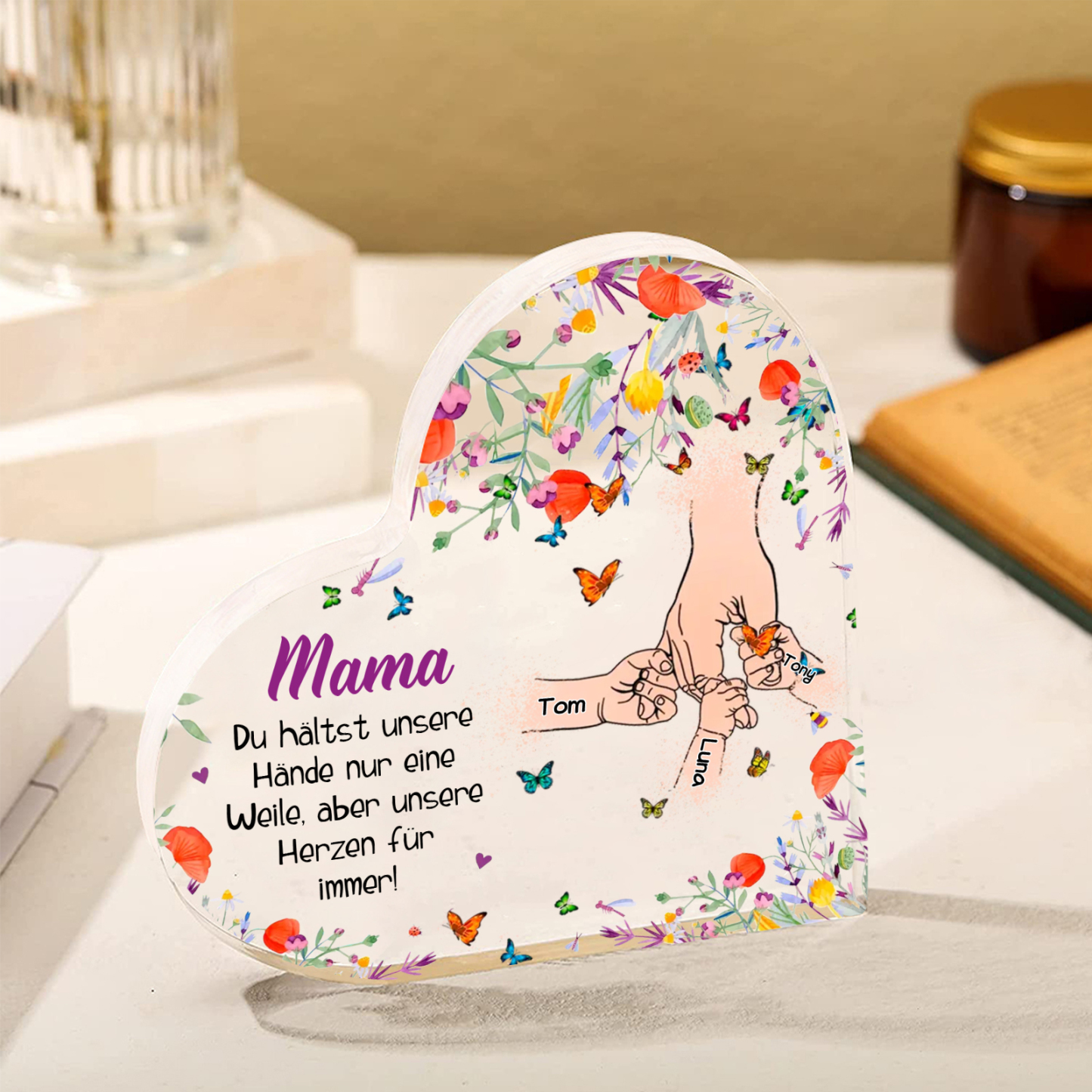 Personalisierte 3 Namen Herz Acryl-Deko -Mama Du hältst mein Hand nur eine Weile, aber unsere Herzen für immer- Schreibtischdekoration für Mutter