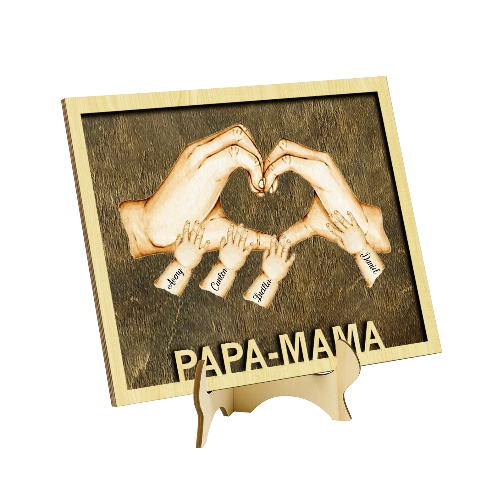 PAPA-MAMA Holz Deko-Personalisierbare 4 Namen Ornament Familie Hand in Hand Holzdekoration für Eltern
