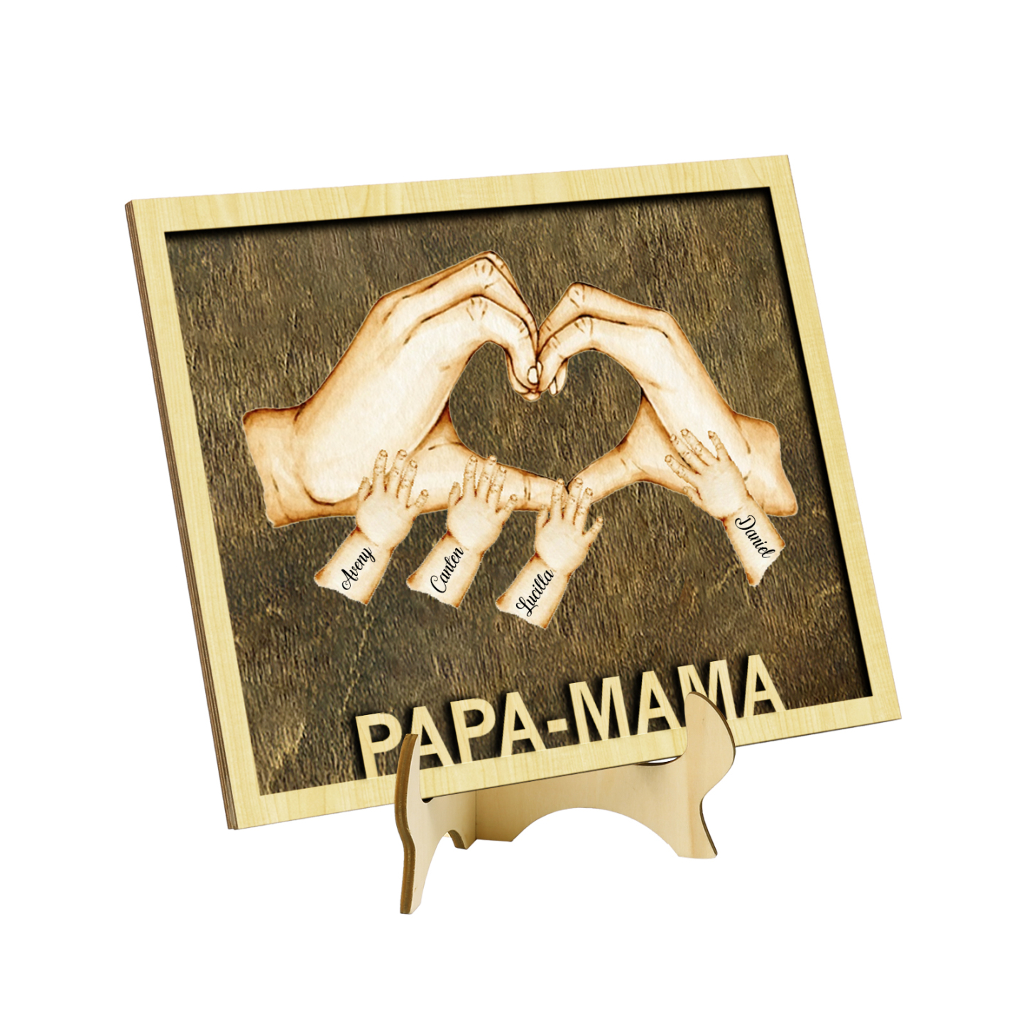 PAPA-MAMA Holz Deko-Personalisierbare 4 Namen Ornament Familie Hand in Hand Holzdekoration für Eltern