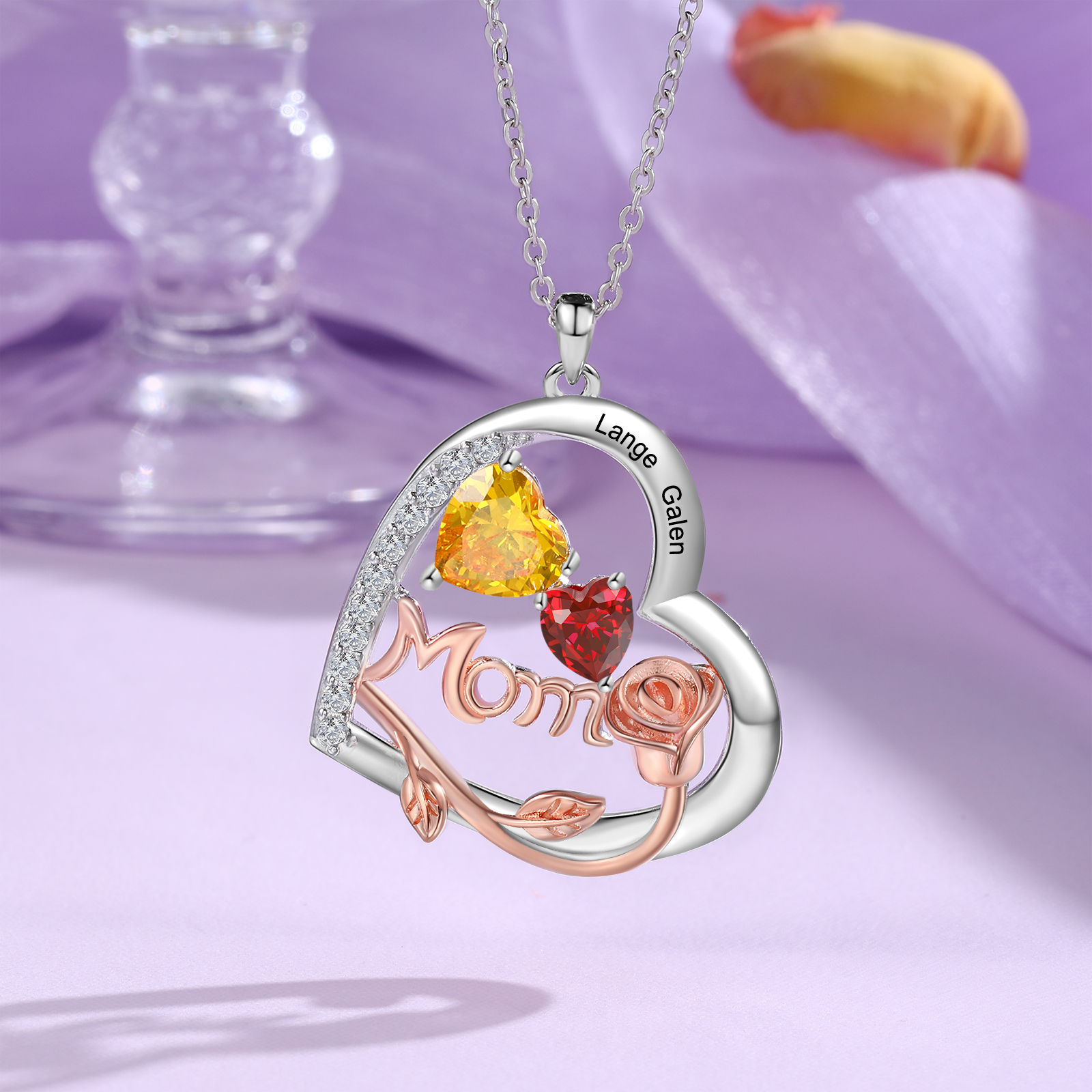 Personalisierte 2 Namen Herz Rose Gravur "MOM" Halskette mit 2 Geburtssteinen