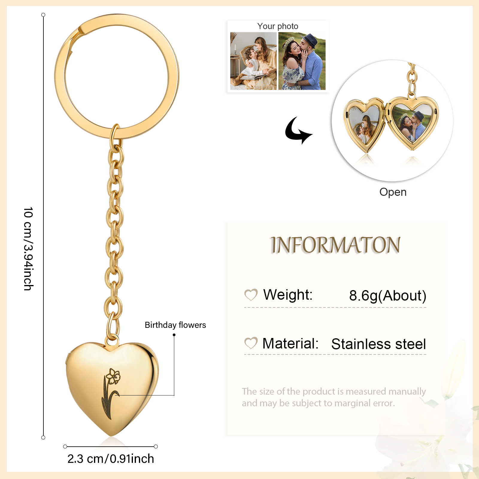Personalisierte 2 Fotos & Geburtsblume Herz Schlüsselanhänger-Geburtsblume Serie 