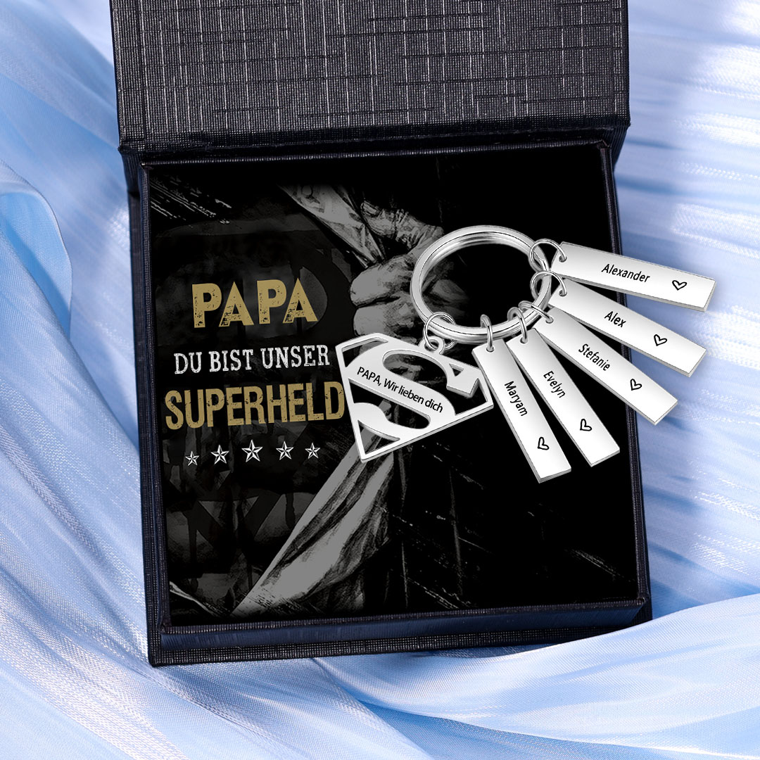 Personalisierbarer 4 Namen & 1 Text Supermann Schlüsselanhänger-Papa, du bist unser Superheld-Geschenk mit Nachrichtenkarte