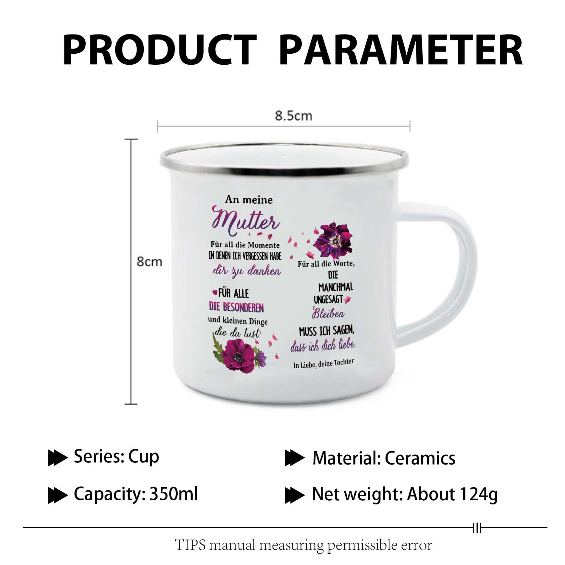 Emaille Becher & Kerzenhalter-Set im pinken Geschenkbox -An meine Mama ich muss sagen, dass ich dich lieben- Geschenkbox Set für Mutter von Tochter