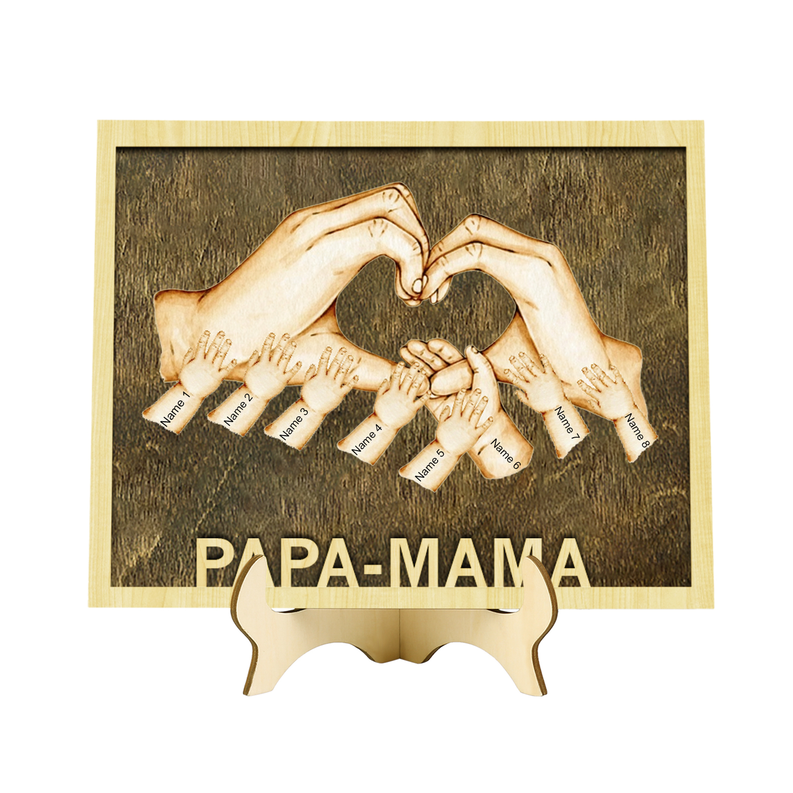 PAPA-MAMA Holz Deko-Personalisierbare 8 Namen Ornament Familie Hand in Hand Holzdekoration für Eltern