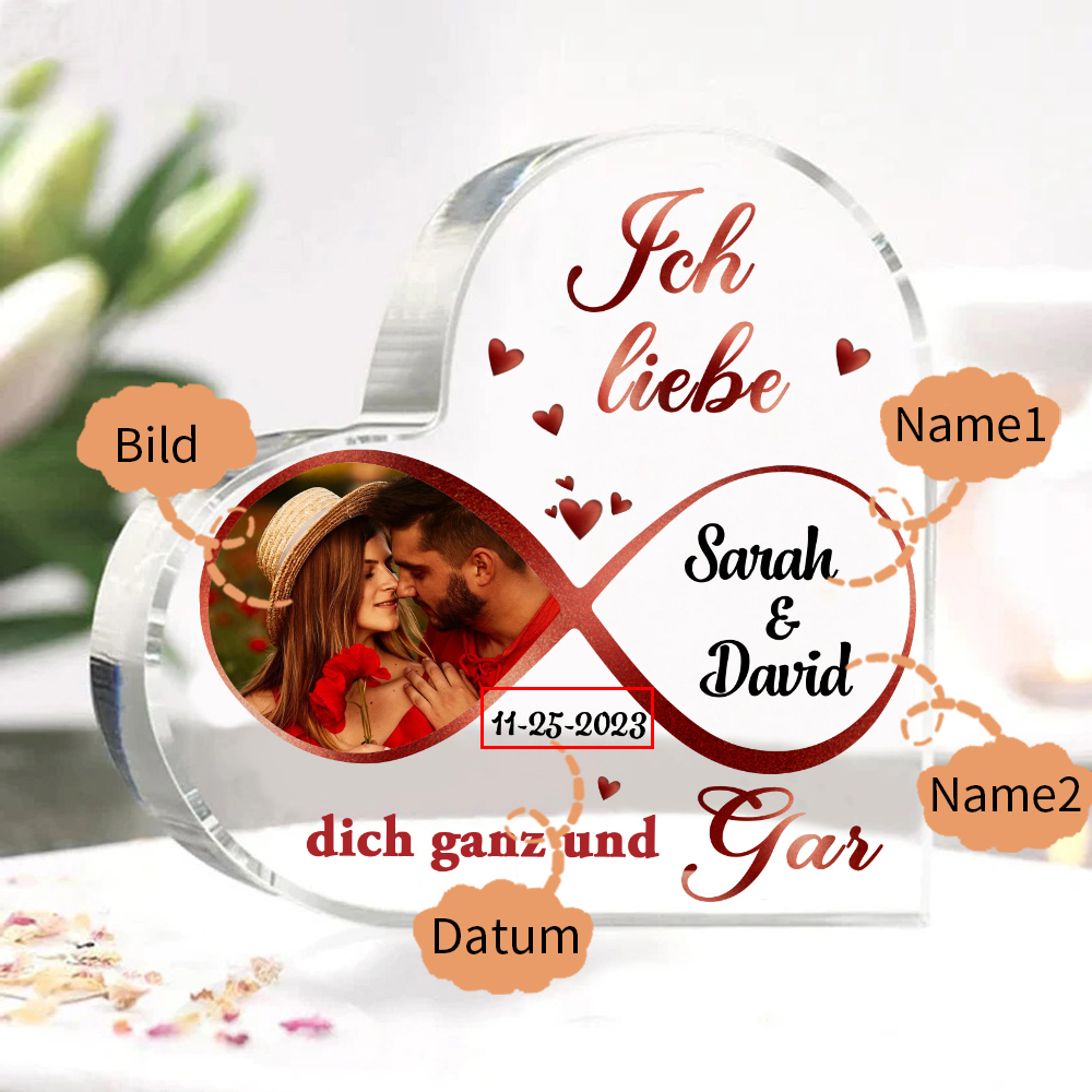 Personalisierte 2 Namen & Foto & Datum Acryl-Deko-Ich liebe dich ganz und gar-Schreibtischdekoration für Paar