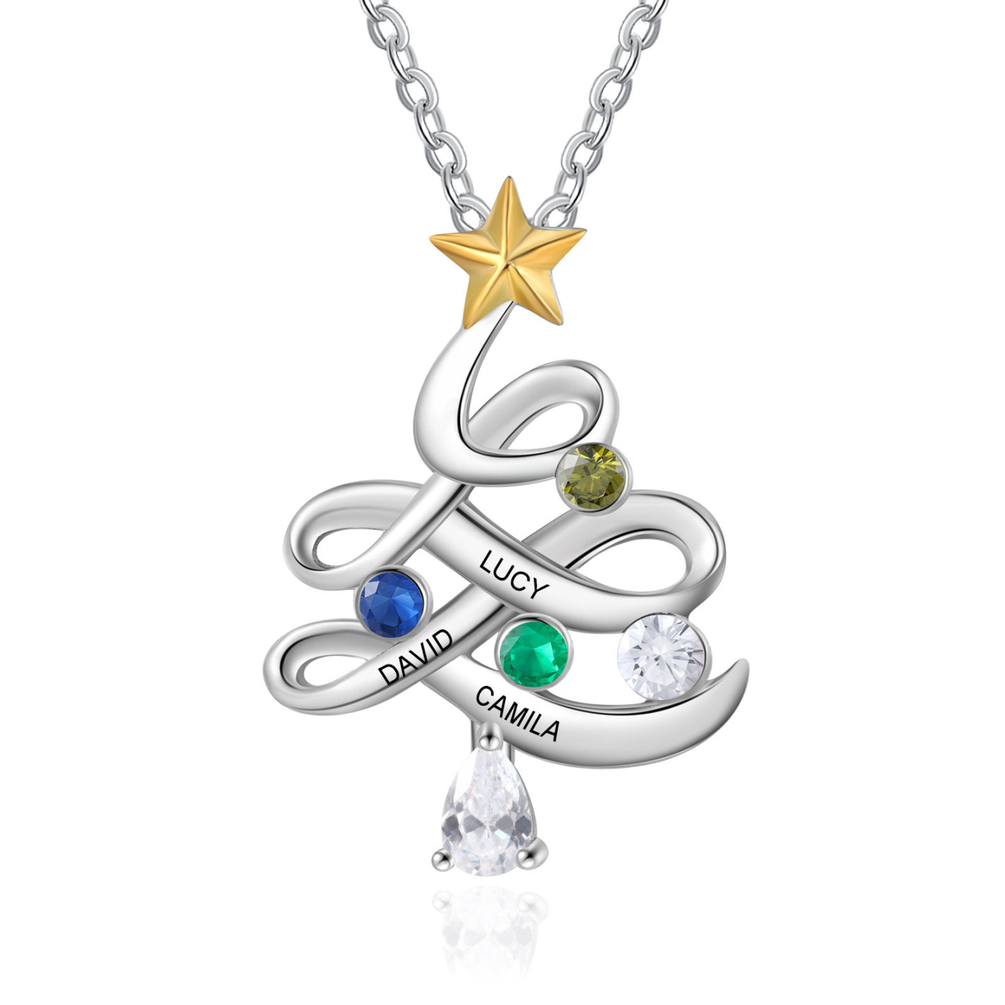 Personalisierte 3 Namen Weihnachtsbaum Halskette mit Geburtssteinen 