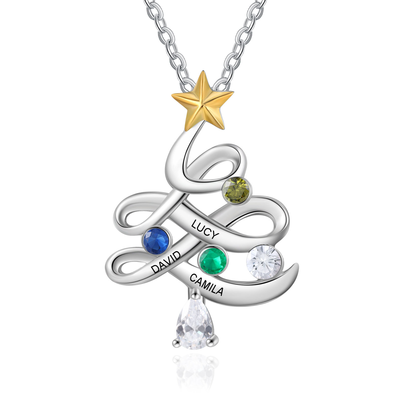 Personalisierte 3 Namen Weihnachtsbaum Halskette mit Geburtssteinen 