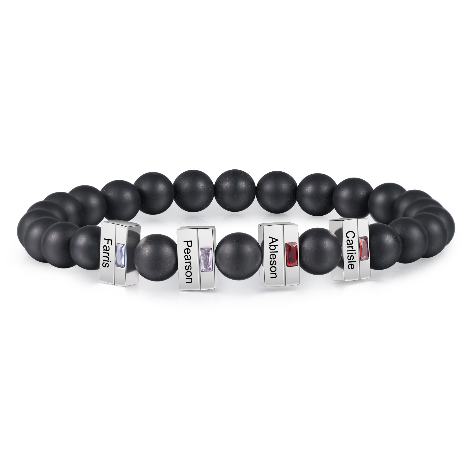 Herren Personalisierte 4 Namen & 4 Geburtssteine Edelstahl Armband mit Schwarz Perle