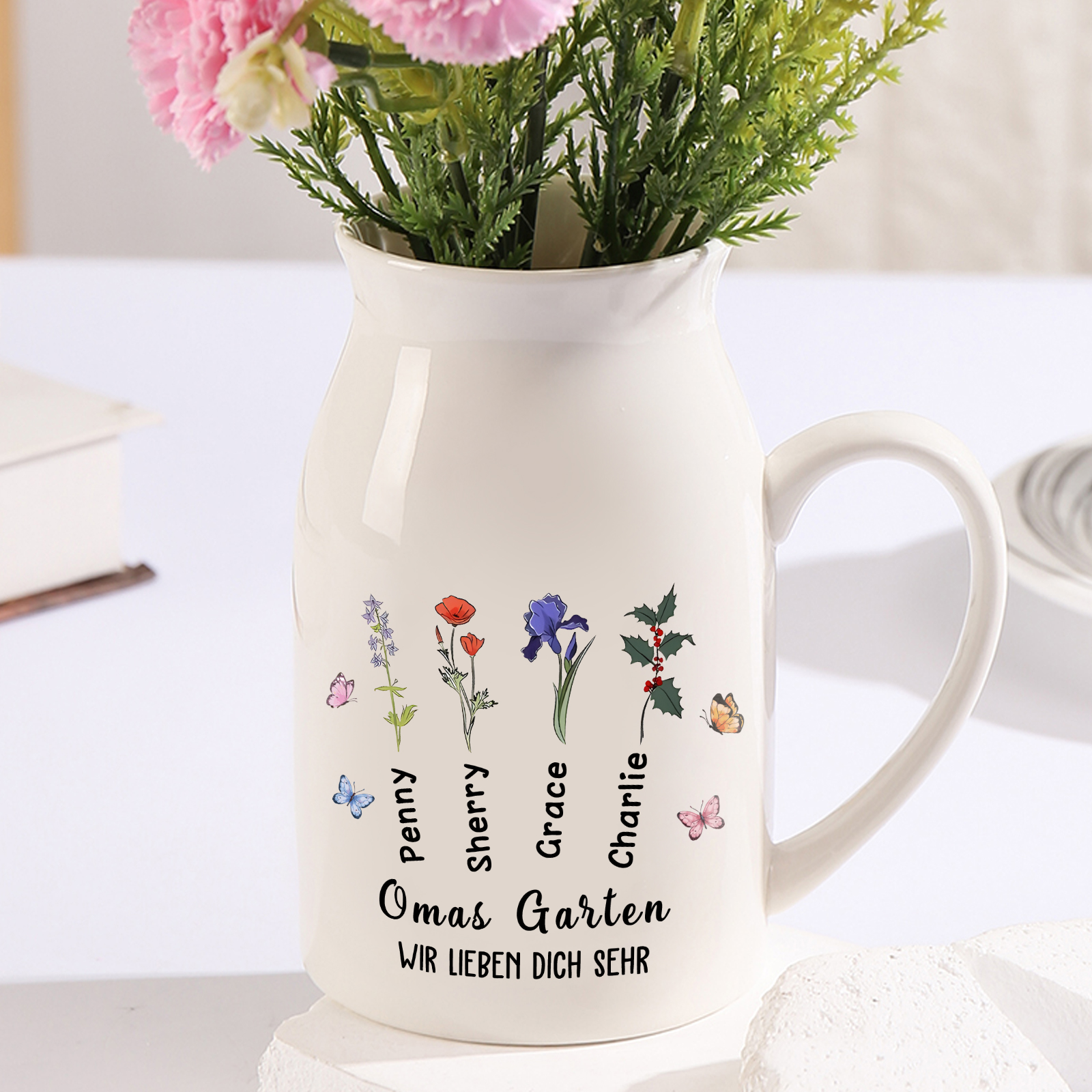 Personalisierte 2 Texte & 4 Namen & Geburtsblumen Familie Vase