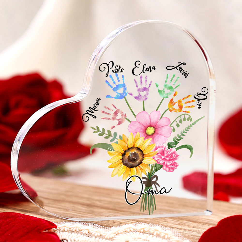 Personalisierter Text & 5 Namen Herz Acryl-Deko Blumenstrauß Familie Schreibtischdekoration für Mutter/Oma