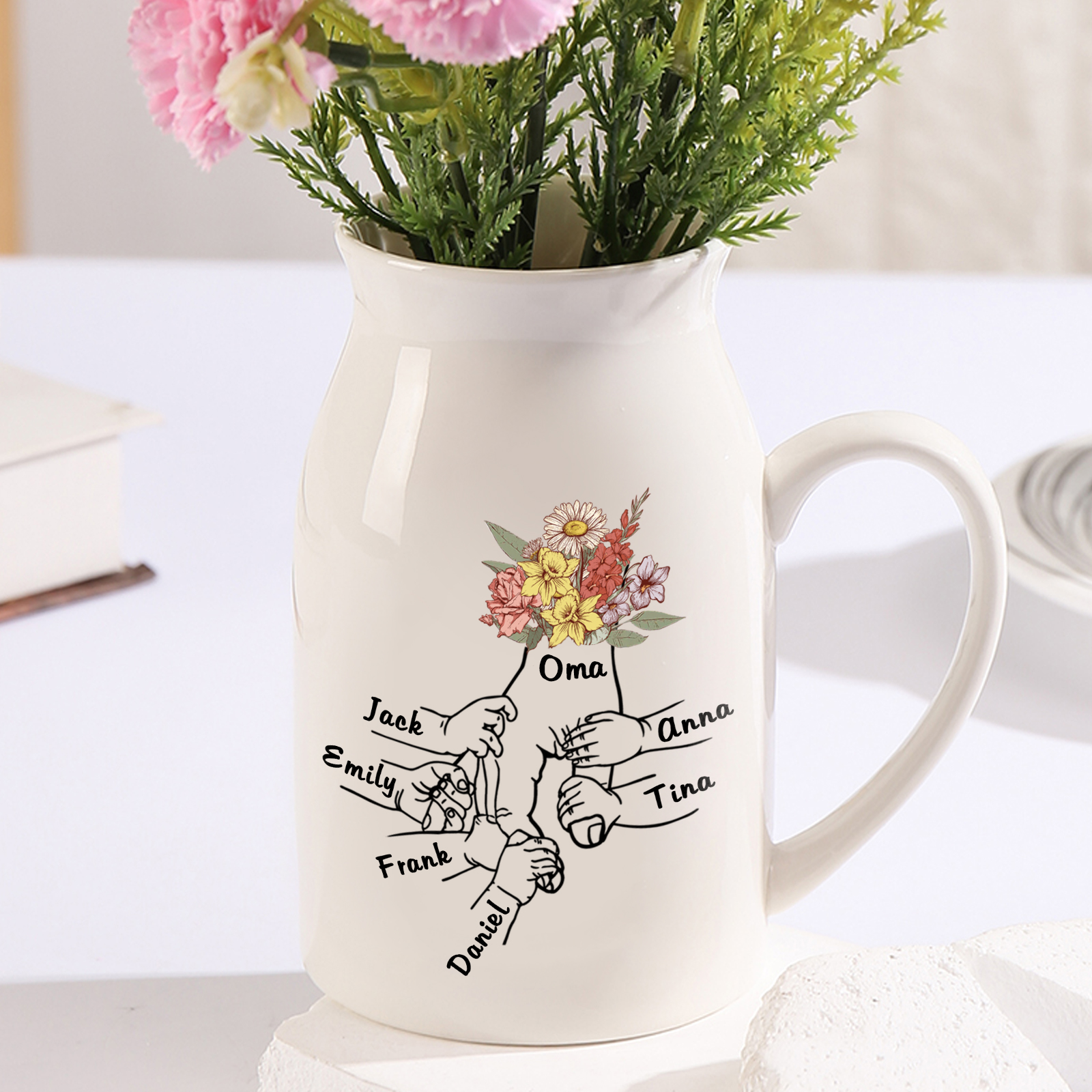 Personalisierte 6 Namen & Text Bunte Blumen Hand in Hand Familie Vase