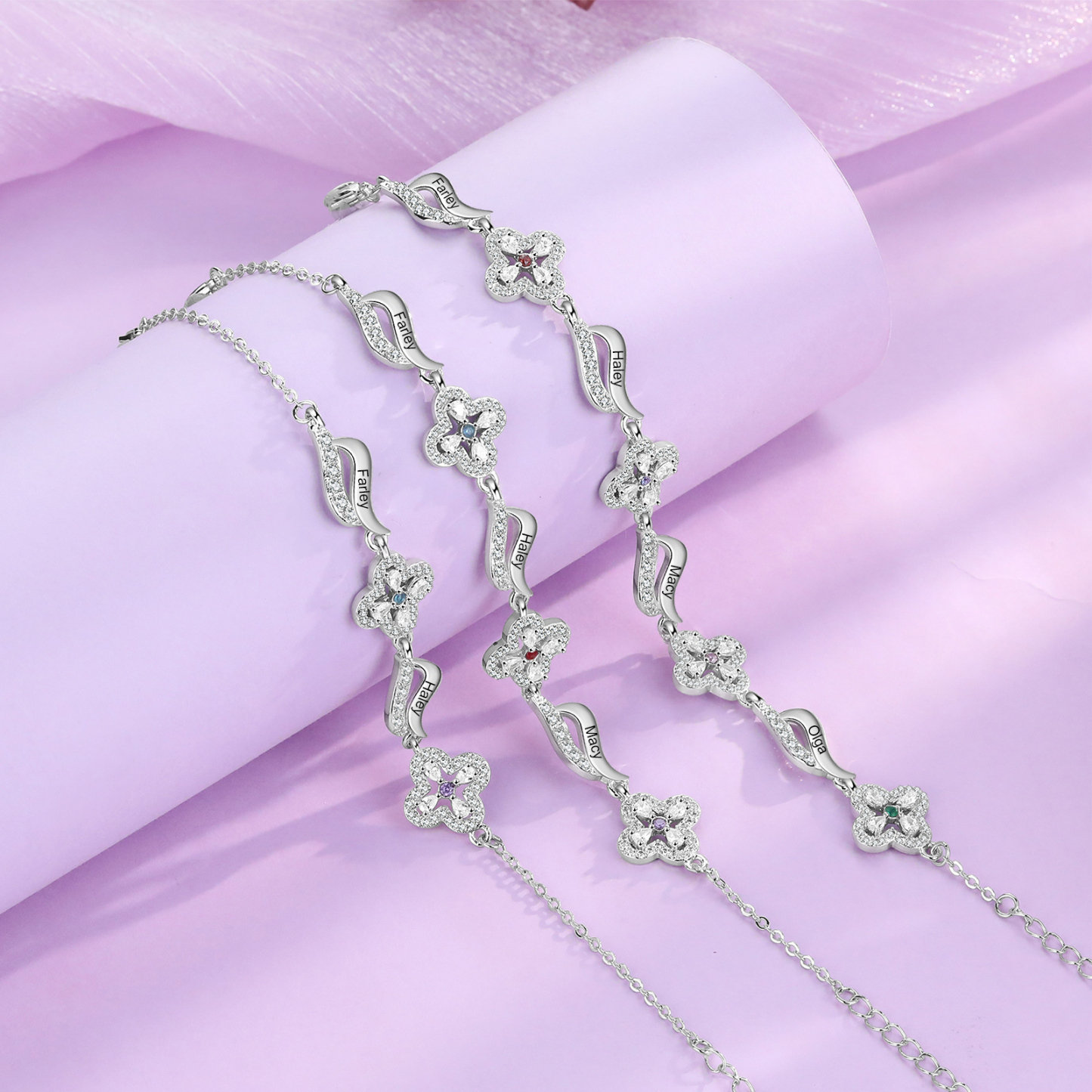 Personalisierte 2 Namen & 2 Geburtssteine Blume Welle Armband mit Zirkonia