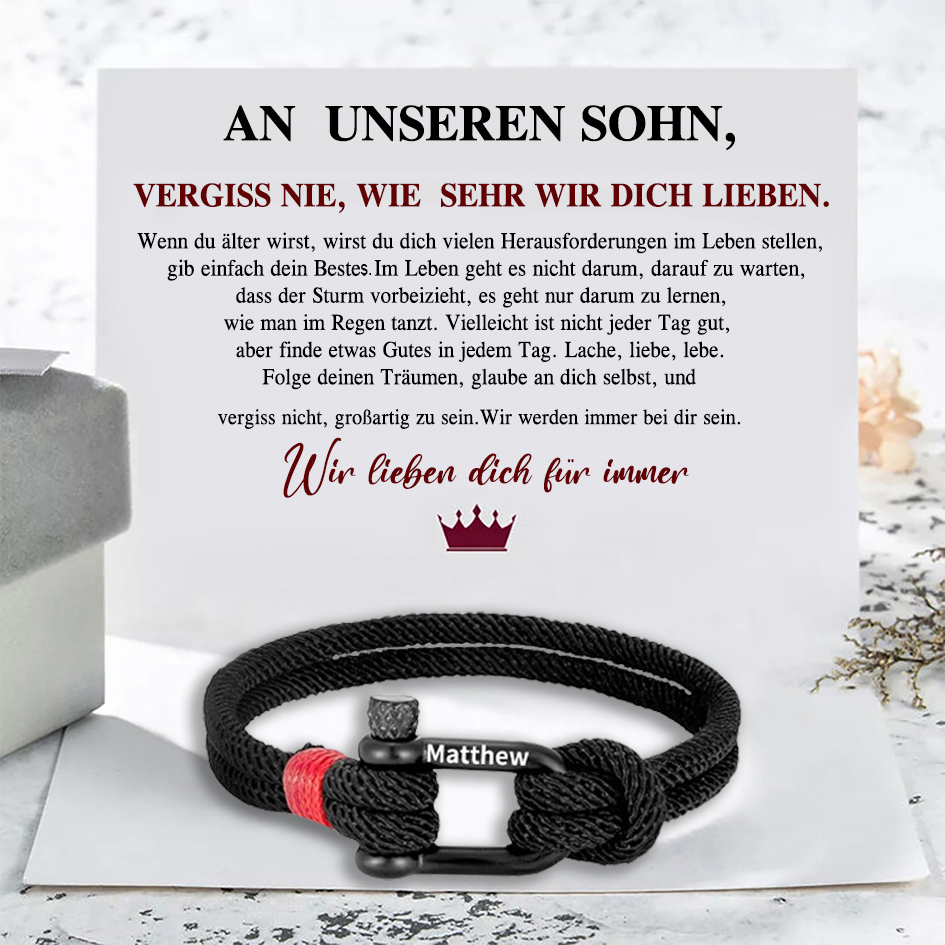 Herren Personalisierter 1 Name Edelstahl Hufeisenschnalle Handseil Armband-An unseren Sohn-Geschenk mit Nachrichtenkarte
