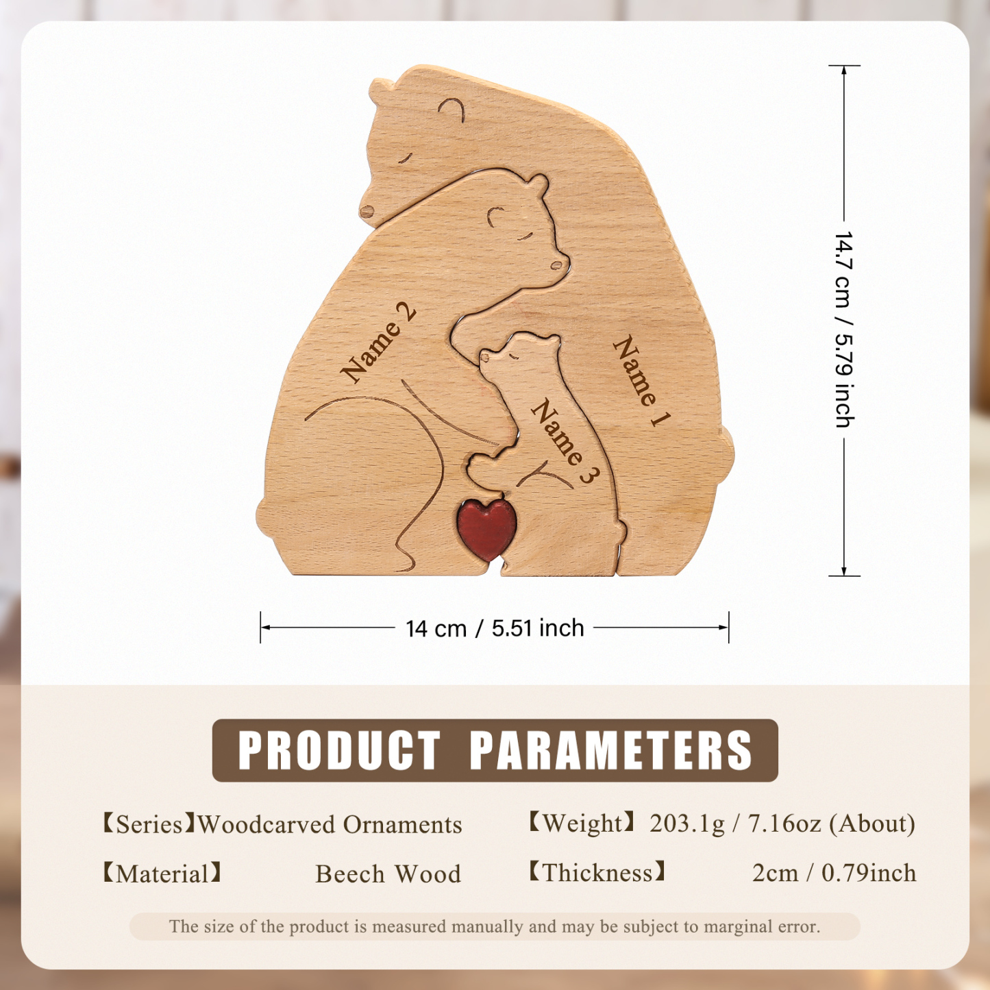 Holzskulptur-Personalisierte 3 Namen Bär Umarmung Familie Holz Deko