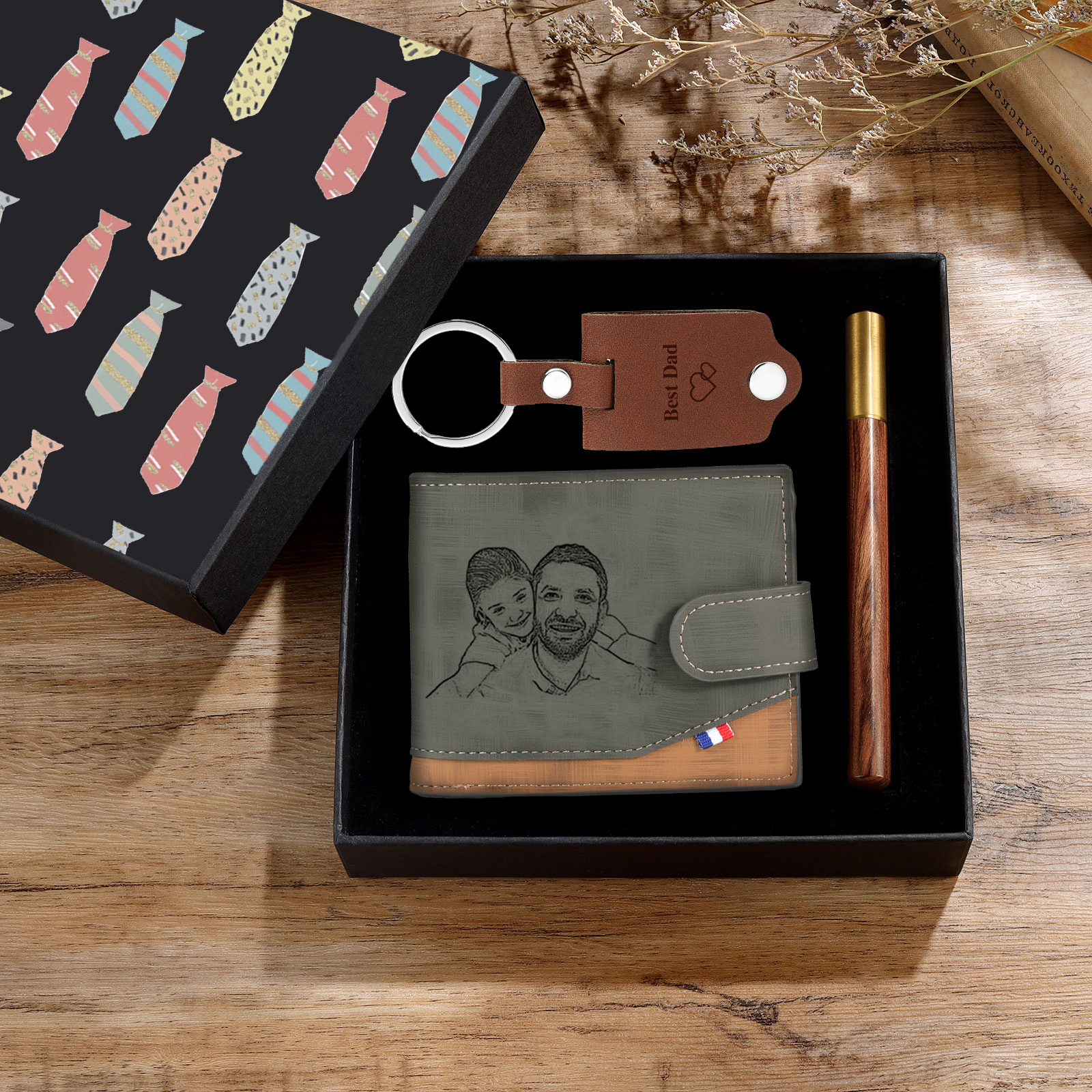 Personalisierte 2 Texte & 2 Fotos & 1 Name & 1 Buchstabe Geldbörse & Schlüsselanhänger & Stift Geschenkpackung Geschenkset