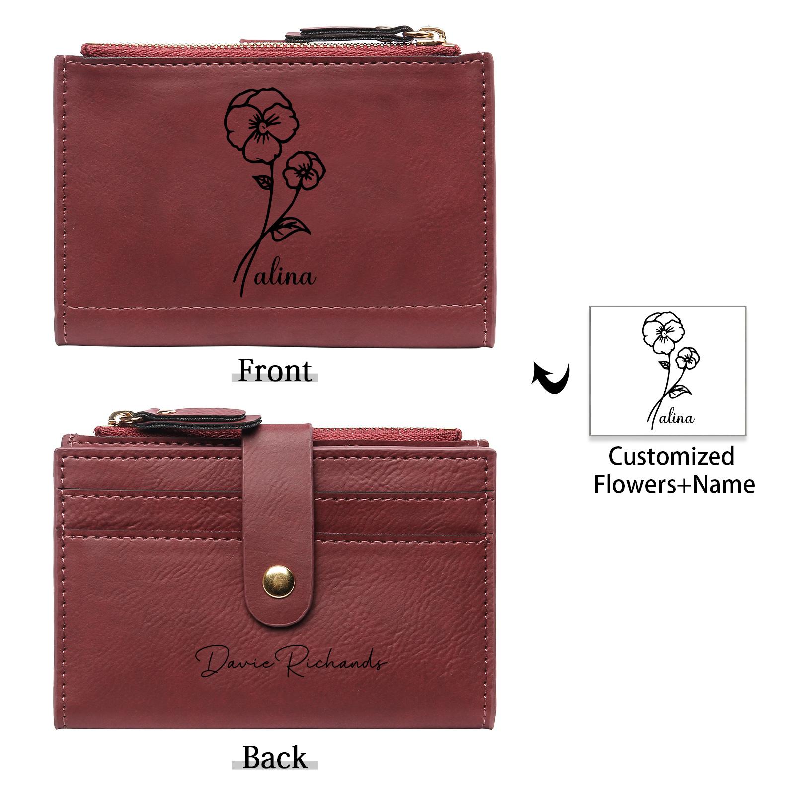 Damen Personalisierter Text & Name & Geburtsblume PU Leder Geldbörse