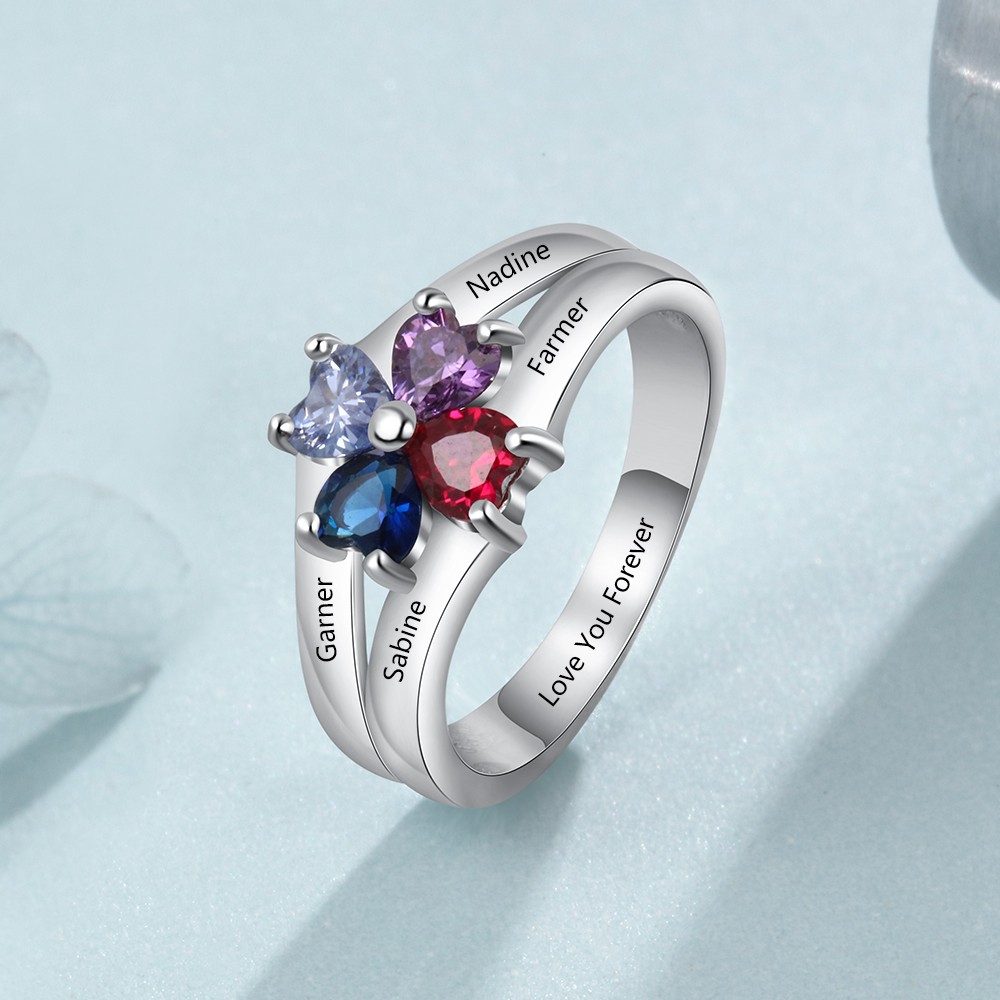 Personalisierte Mutter Ring mit 4 simulierten Geburtssteinen eingraviert 4 Namen Familienring Geschenk für Mama