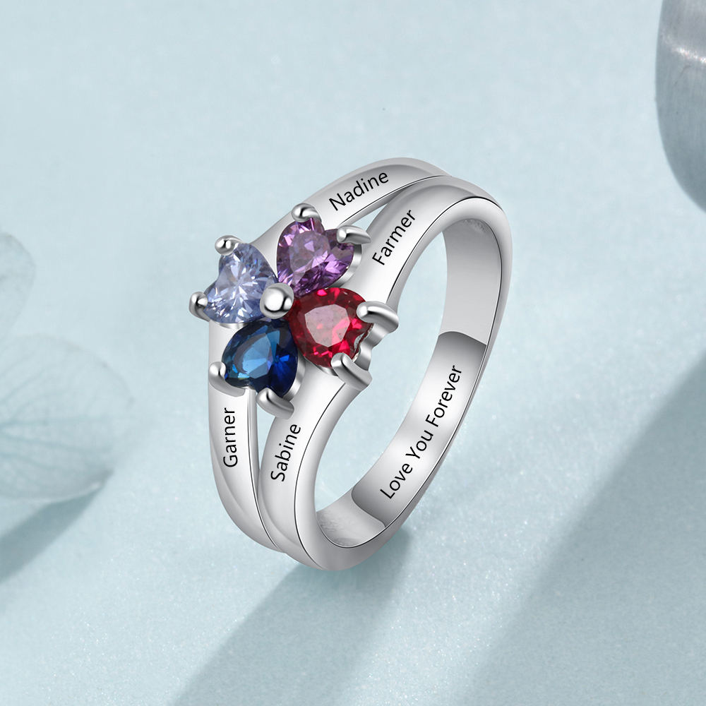 Personalisierte Mutter Ring mit 4 simulierten Geburtssteinen eingraviert 4 Namen Familienring Geschenk für Mama