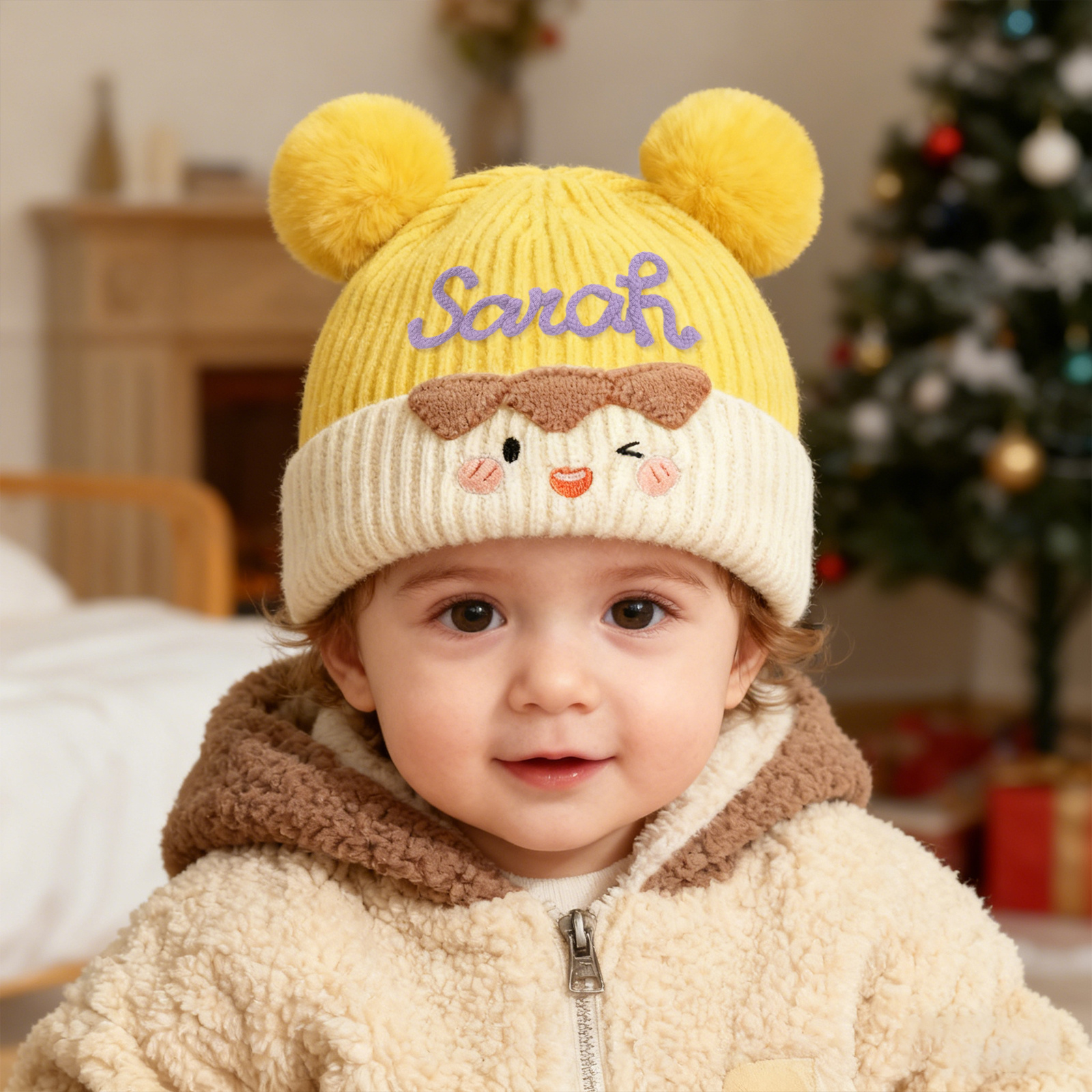 Bestickte warme Kinder-Beanie-Strickmütze mit Bommel und Wunschnamen