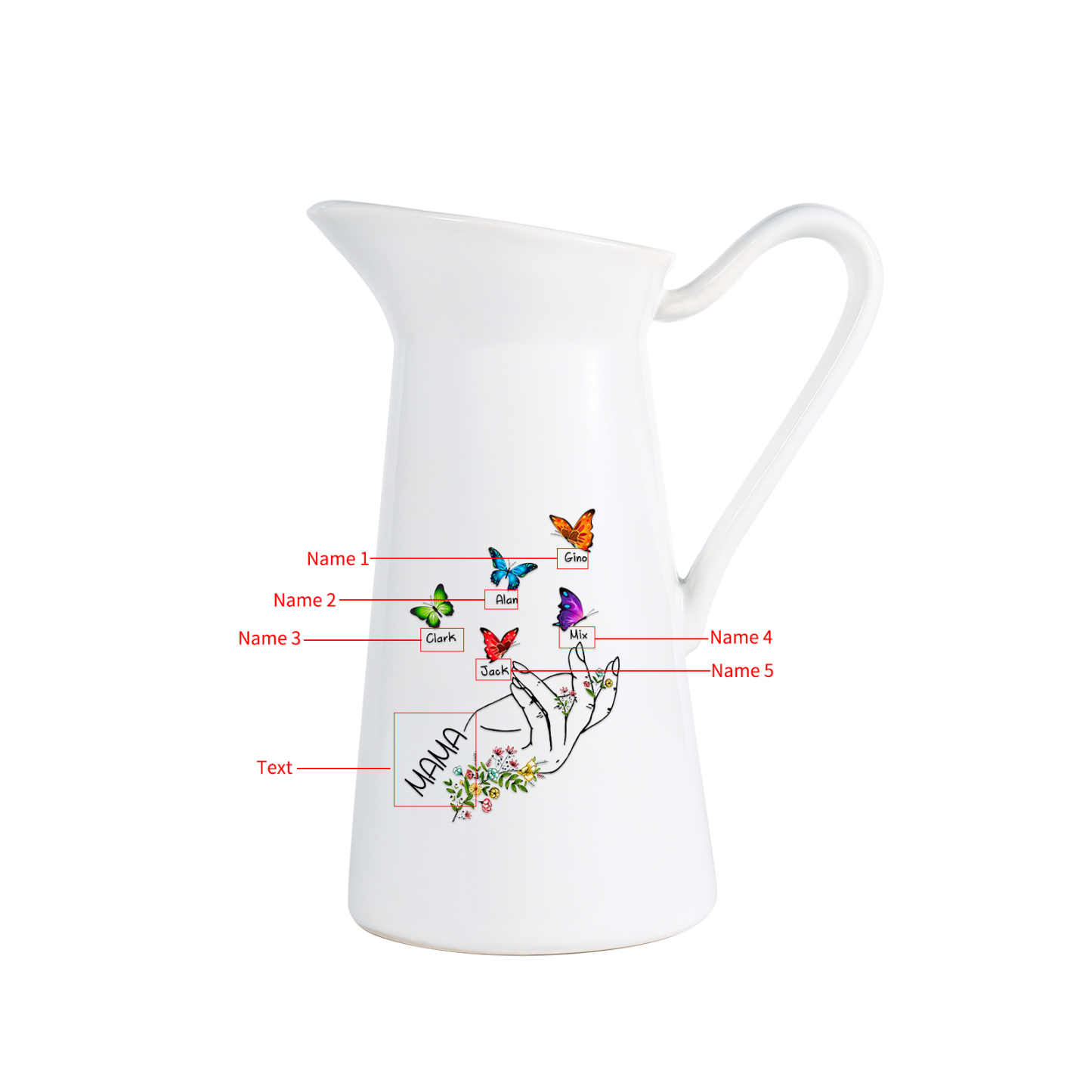 Personalisierte 5 Namen & Text Schmetterling in der Hand Gießvase mit Henkel Familie Vase