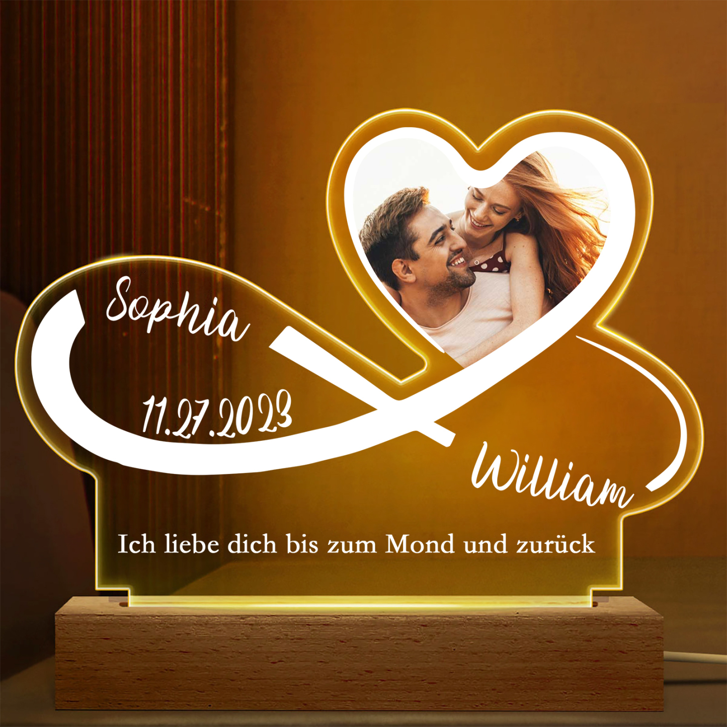 Personalisierte 2 Namen & Foto & Datum Herz Infinity Ich liebe dich bis zum Mond und zurück Nachtlicht für Liebespaar