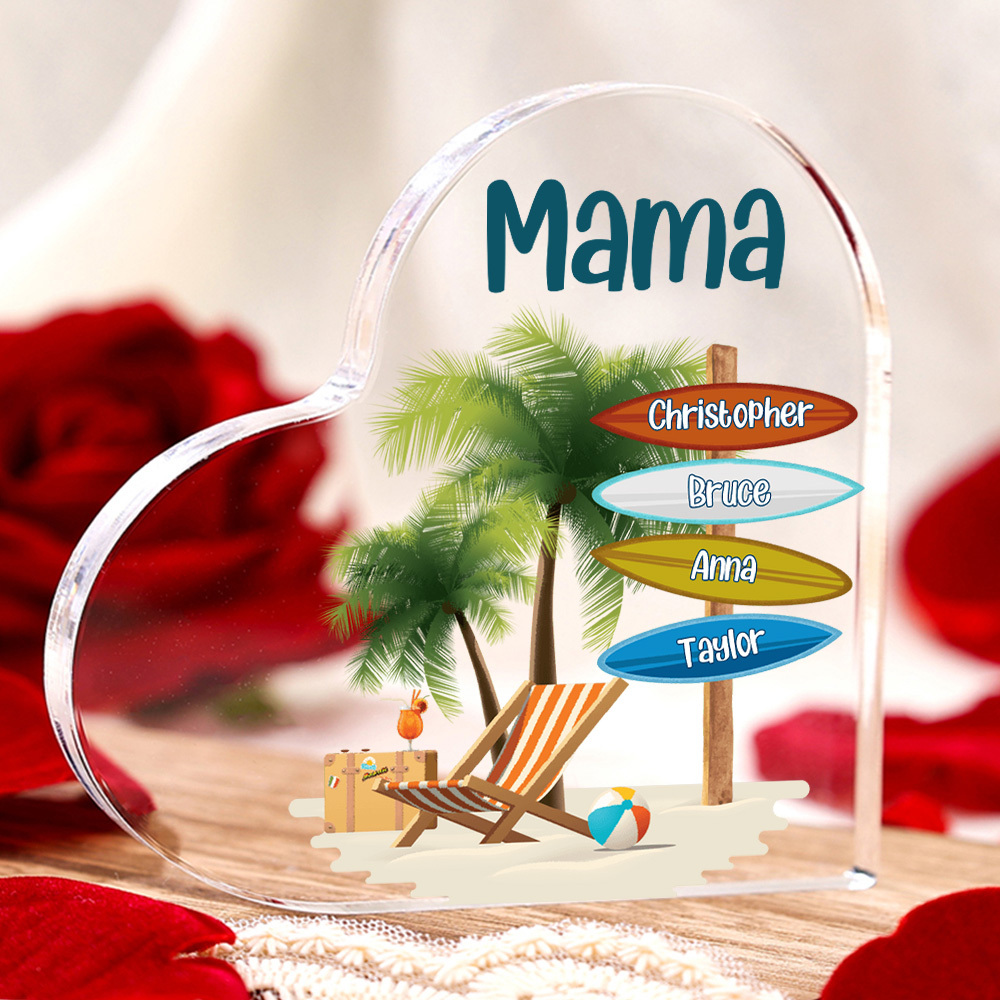 Personalisierte 4 Namen & Text Familie Strand Kokosnussbaum Acryl-Deko Schreibtischdekoration für Mutter