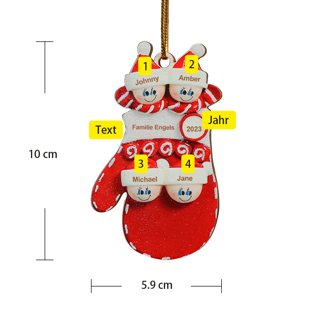 Holz Personalisierte 4 Namen & Text & Jahr Rote Handschuhe Weihnachtsornament mit 4 Familienmitgliedern 