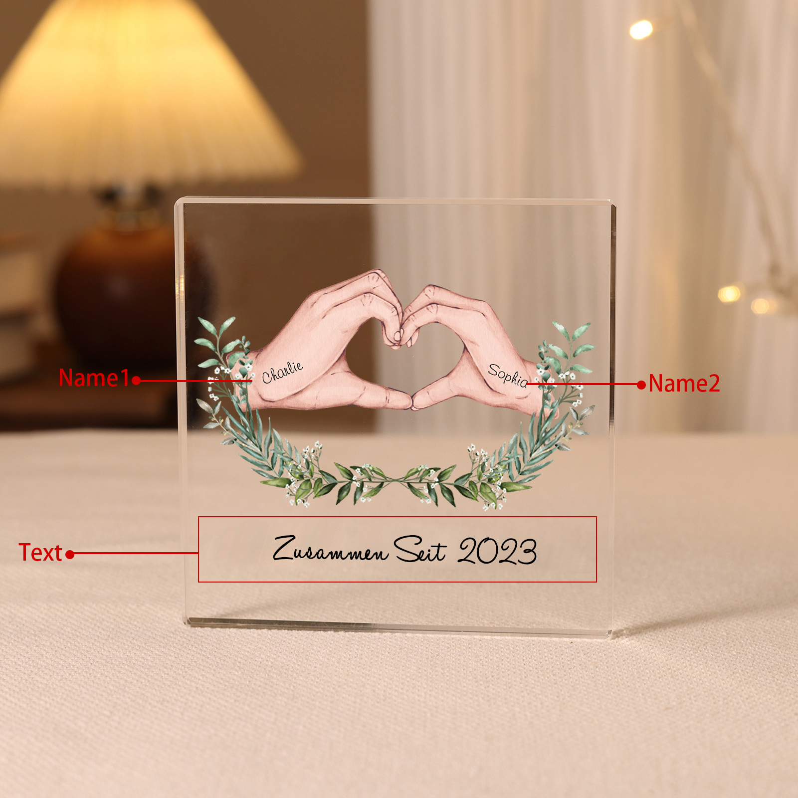 Quadrat Acryl-Deko Personalisierte 2 Namen & Text Herz Hand Familie Schreibtischdekoration