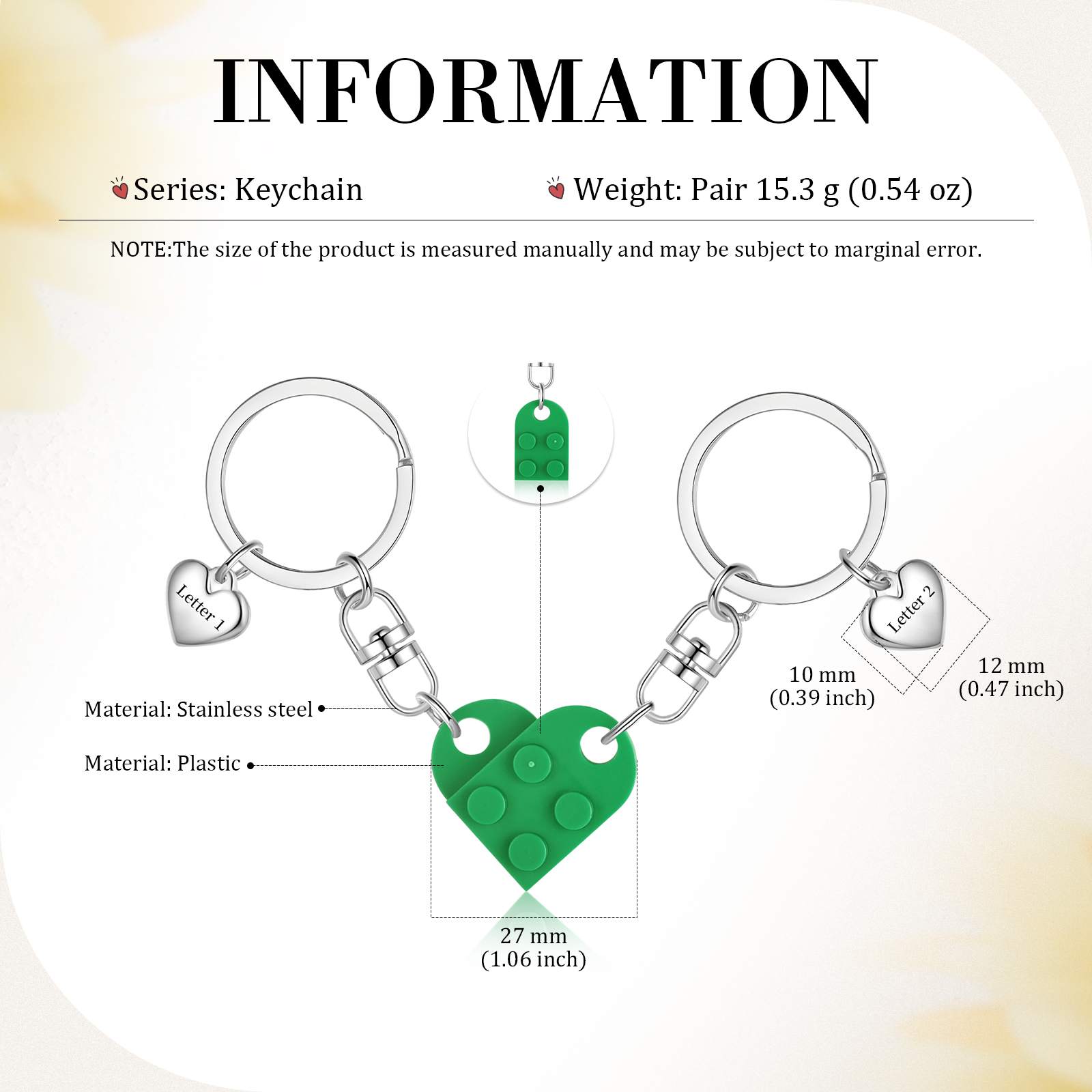 Personalisierbare 2 Buchstaben Herz Bausteine Paar Metall-Schlüsselanhänger