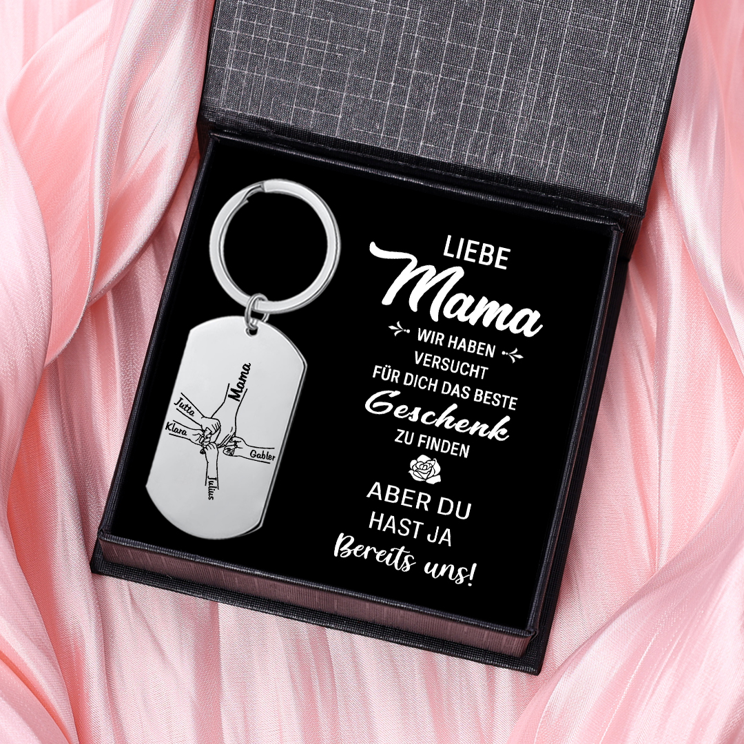Personalisierbare 4 Namen Mama Hand Schlüsselanhänger-Liebe Mama du hast ja bereits uns