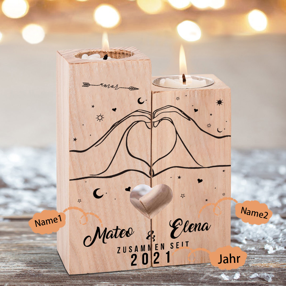Personalisierte 2 Namen & Jahr Kerzenhalter - Hölzerne Kerzenständer Hochzeitstag Valentinstag Geschenke