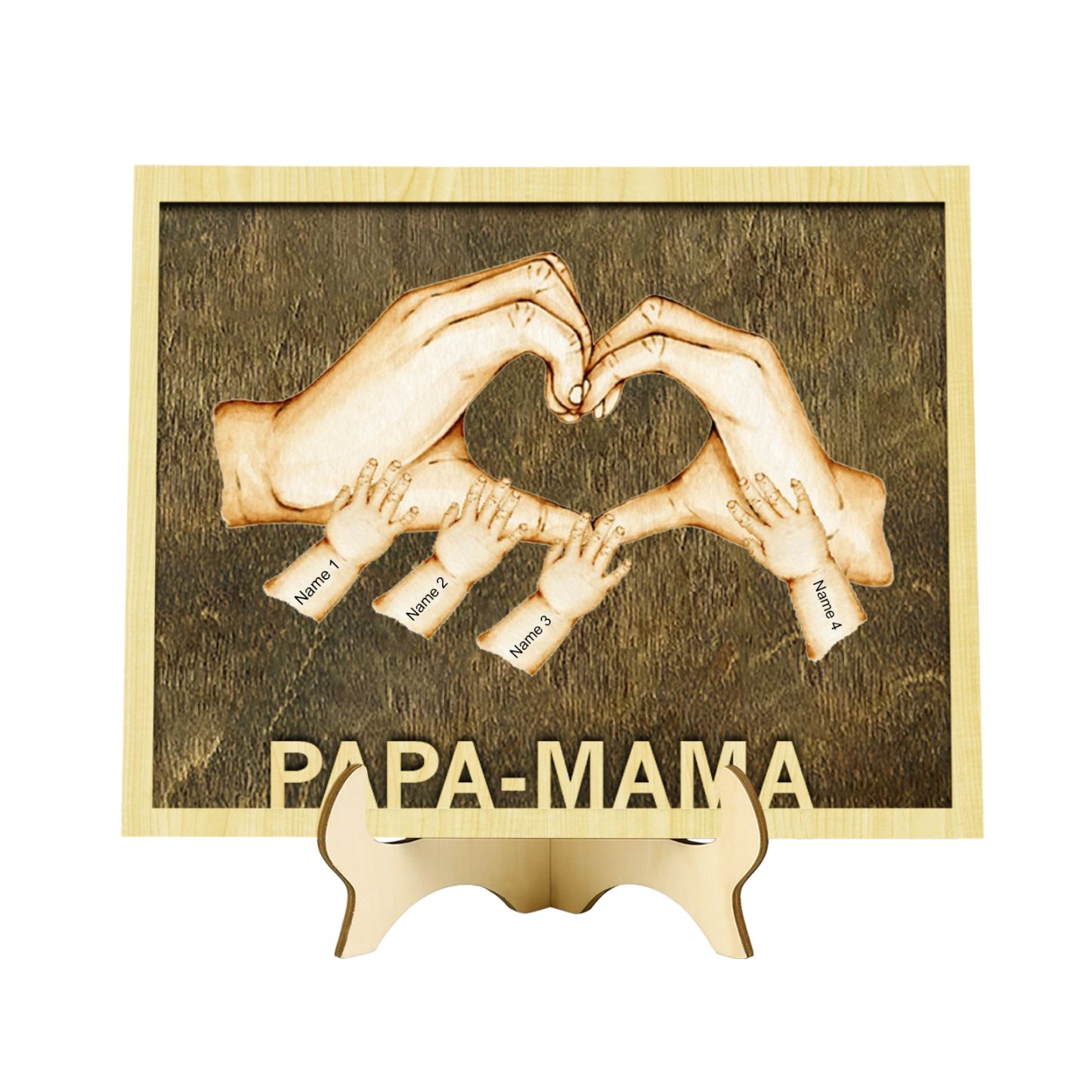 PAPA-MAMA Holz Deko-Personalisierbare 4 Namen Ornament Familie Hand in Hand Holzdekoration für Eltern