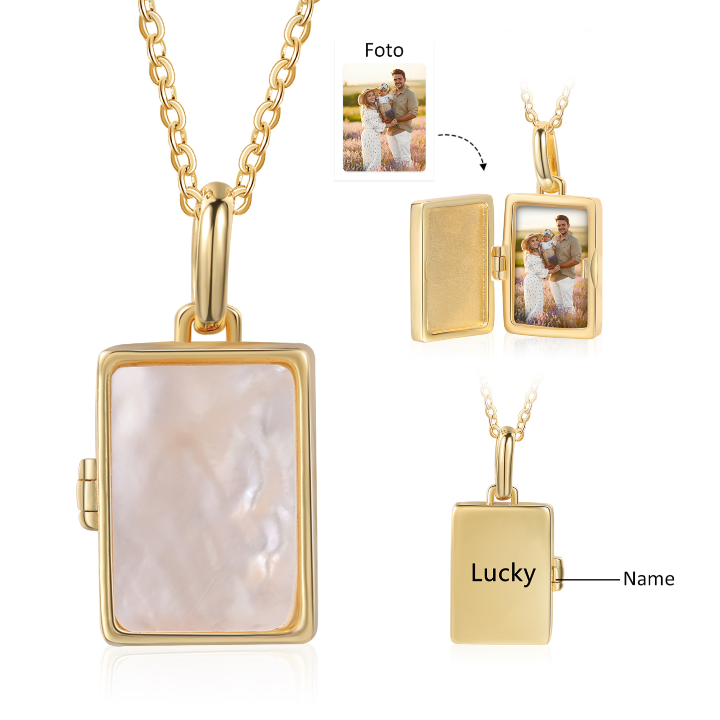 Personalisiertes Foto & Name Rechteck/Rund Medaillon-Halskette