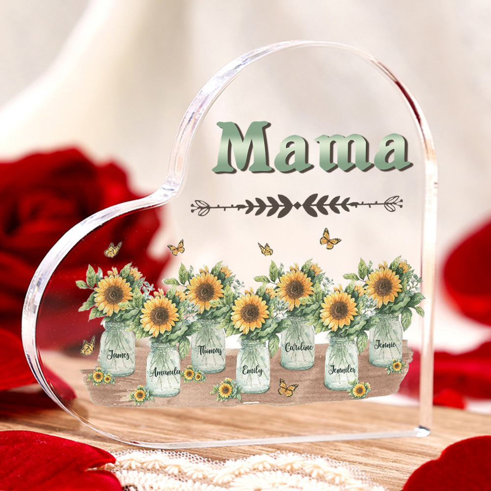 Personalisierte 7 Namen & Text Familie Sonnenblume Acryl-Deko Schreibtischdekoration für Mutter