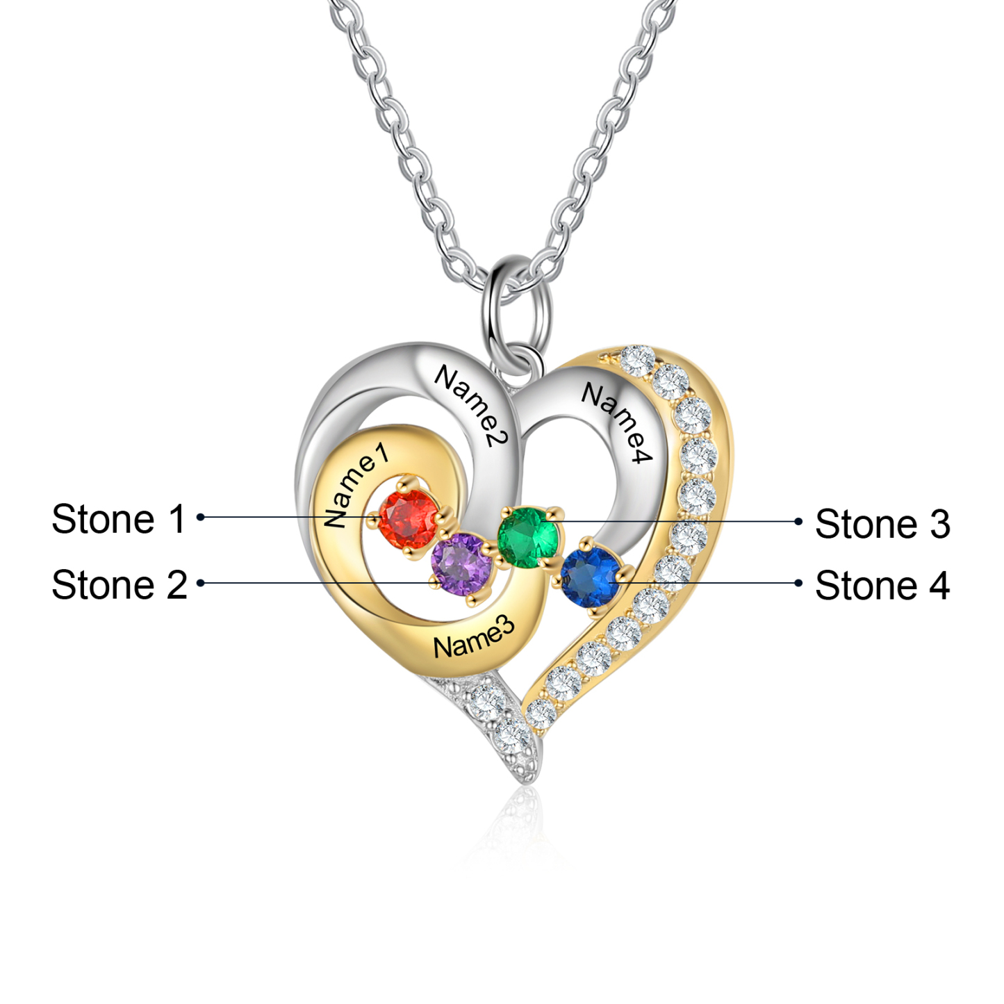 S925 Silber Gravur 4 Namen Herz Halskette mit 4 Geburtssteinen